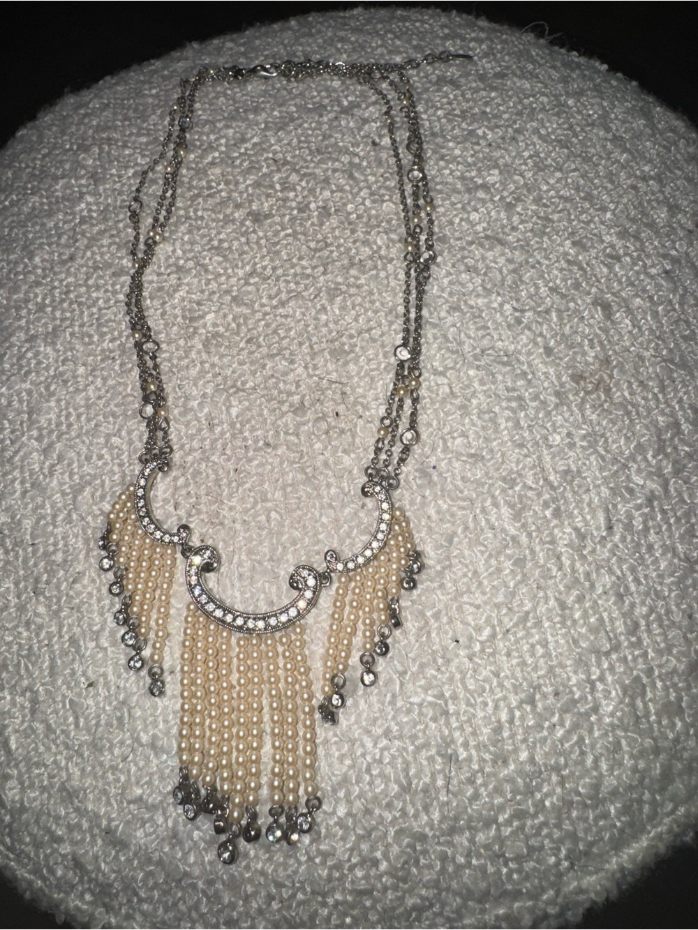 Vintage Monet Cream Pearl Fringe Necklace with Silver Accents